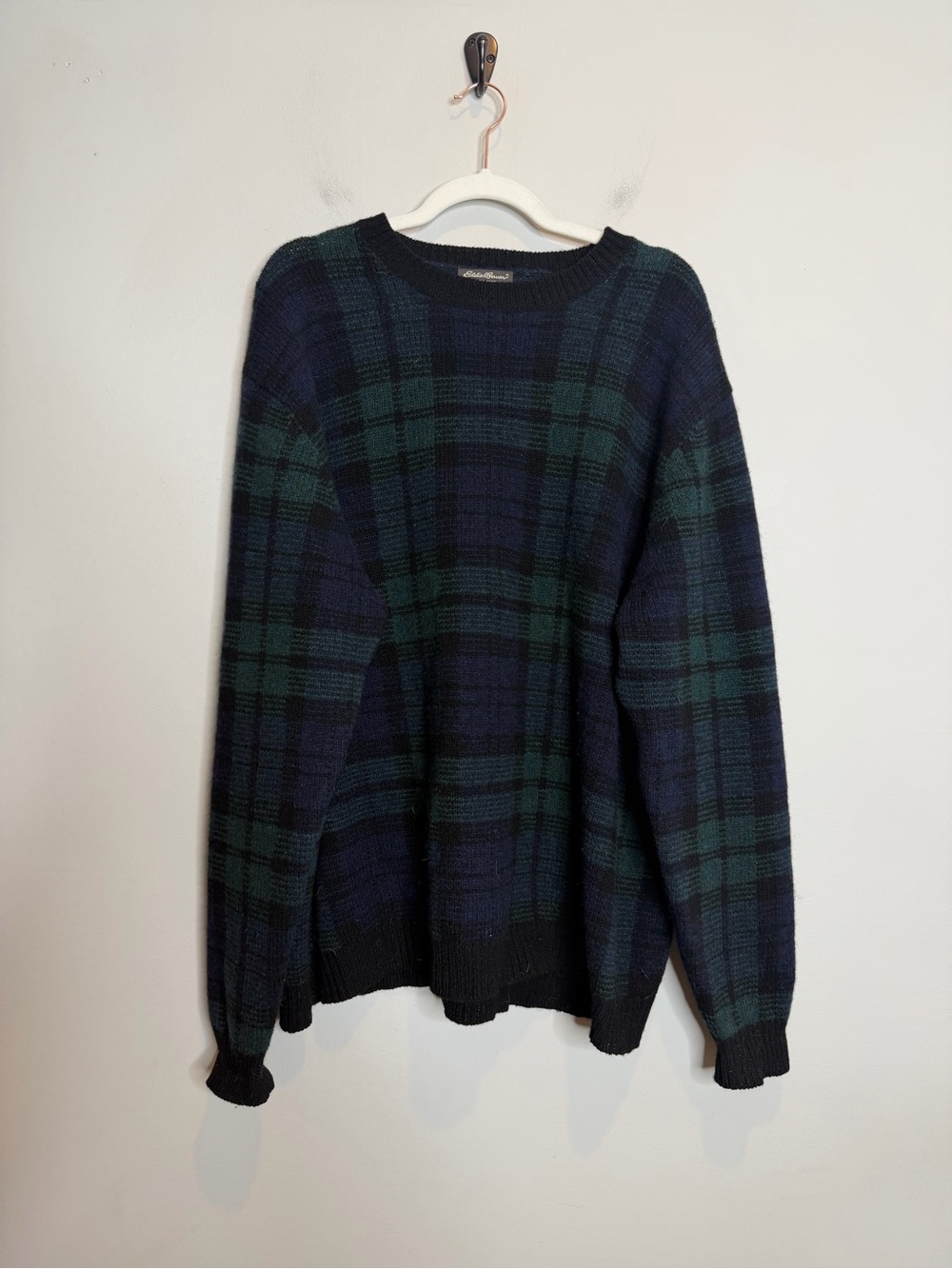 Eddie Bauer Mens XXL 100% Wool Black Watch Tartan Plaid Crewneck Sweater 90s